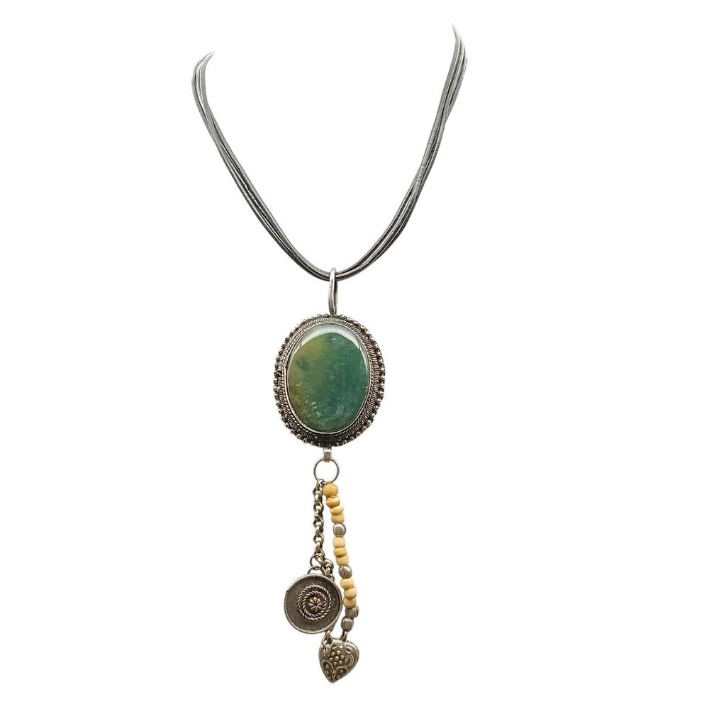 Vintage Moss Agate Pendant Necklace Silver-Tone Beaded Charms Heart Dangle Multi